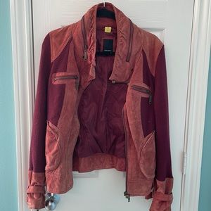 Vero moda vintage red distressed suede leather and wool jacket size medium